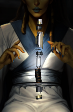 Jedi Master Vorsa constructing a new lightsaber from a purified Kyber crystal.