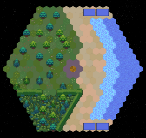 A layout of a space station level, split in half between beach and park